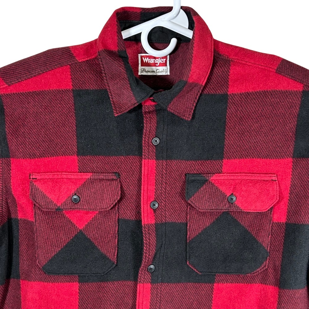 Wrangler Mens Red‎ Black Buffalo Plaid Fleece Shirt Large Flannel Button Down